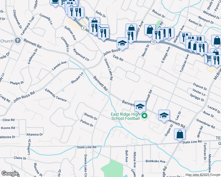 map of restaurants, bars, coffee shops, grocery stores, and more near 1231 Greenslake Road in East Ridge