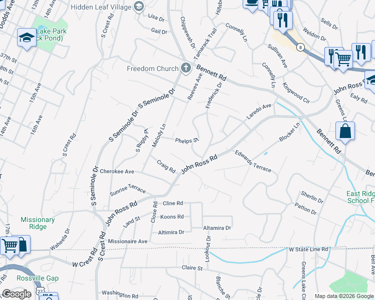 map of restaurants, bars, coffee shops, grocery stores, and more near 3704 Mary Anna Drive in Chattanooga
