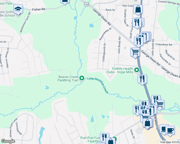 map of restaurants, bars, coffee shops, grocery stores, and more near 5929 Bloomsbury Drive in Fayetteville
