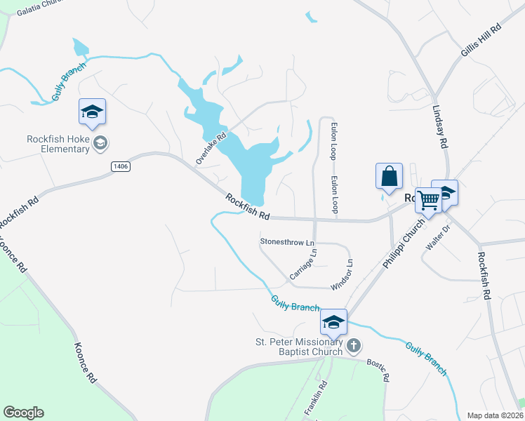 map of restaurants, bars, coffee shops, grocery stores, and more near 6917 Rockfish Road in Raeford