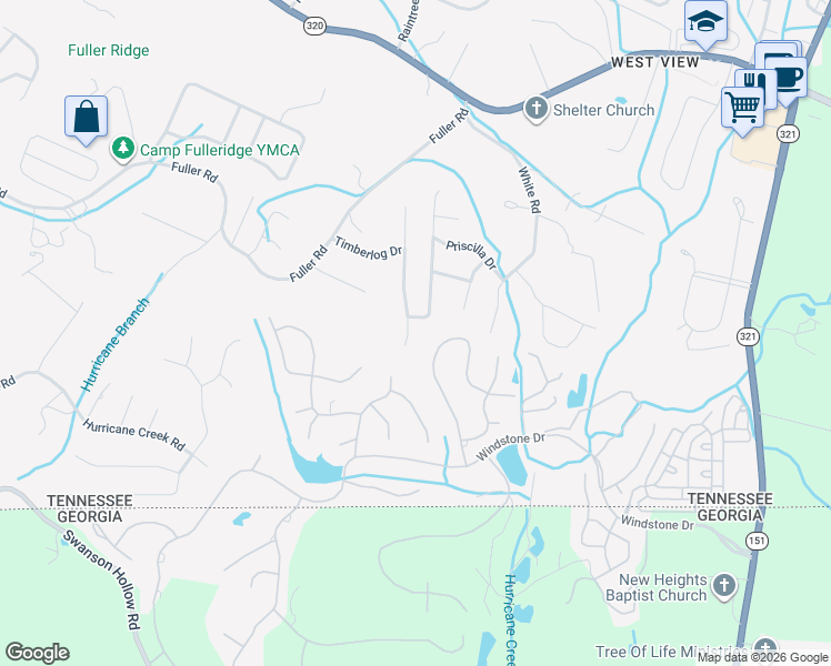 map of restaurants, bars, coffee shops, grocery stores, and more near 1306 Timbercrest Lane in Chattanooga