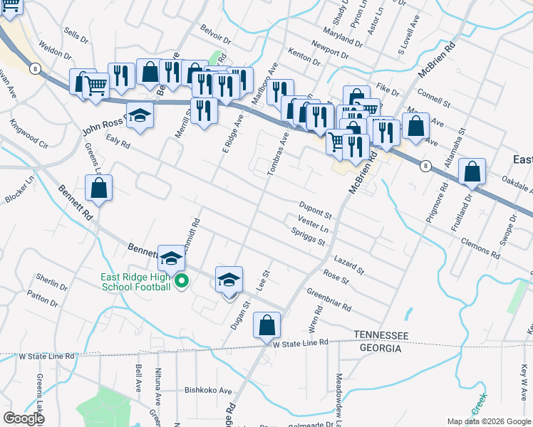 map of restaurants, bars, coffee shops, grocery stores, and more near 4305A Spriggs Street in East Ridge