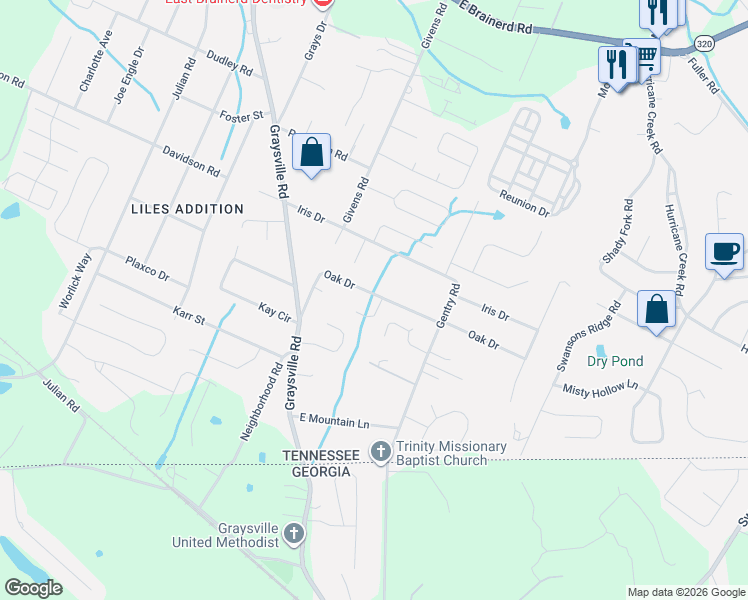map of restaurants, bars, coffee shops, grocery stores, and more near 8342 Oak Dr in Chattanooga