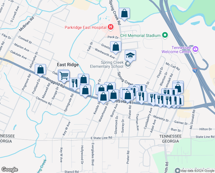 map of restaurants, bars, coffee shops, grocery stores, and more near 1316 San Hsi Drive in East Ridge