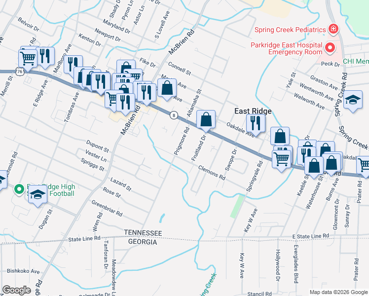 map of restaurants, bars, coffee shops, grocery stores, and more near 1516 Prigmore Road in Chattanooga