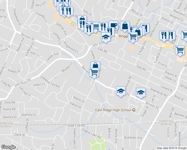 map of restaurants, bars, coffee shops, grocery stores, and more near 1231 Greenslake Road in East Ridge