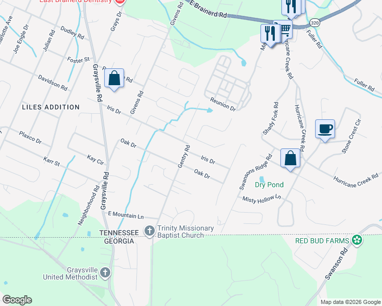 map of restaurants, bars, coffee shops, grocery stores, and more near 8407 Iris Drive in Chattanooga