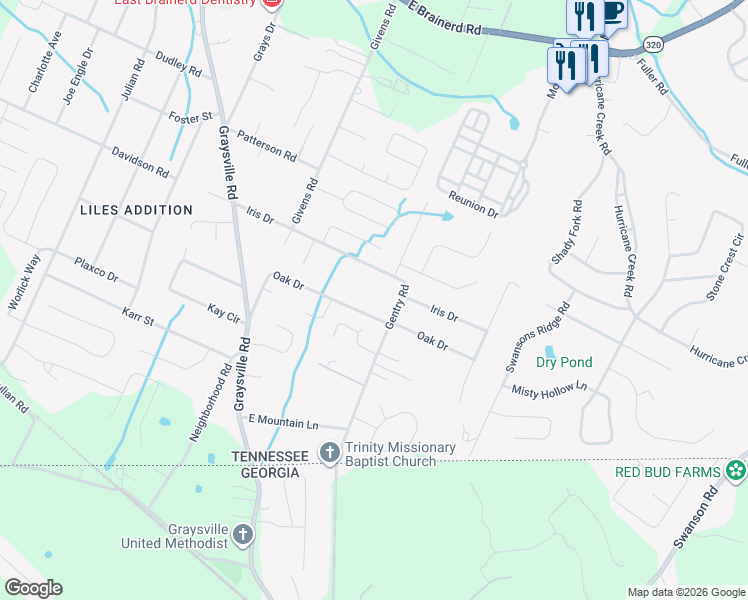 map of restaurants, bars, coffee shops, grocery stores, and more near 8355 Oak Drive in Chattanooga