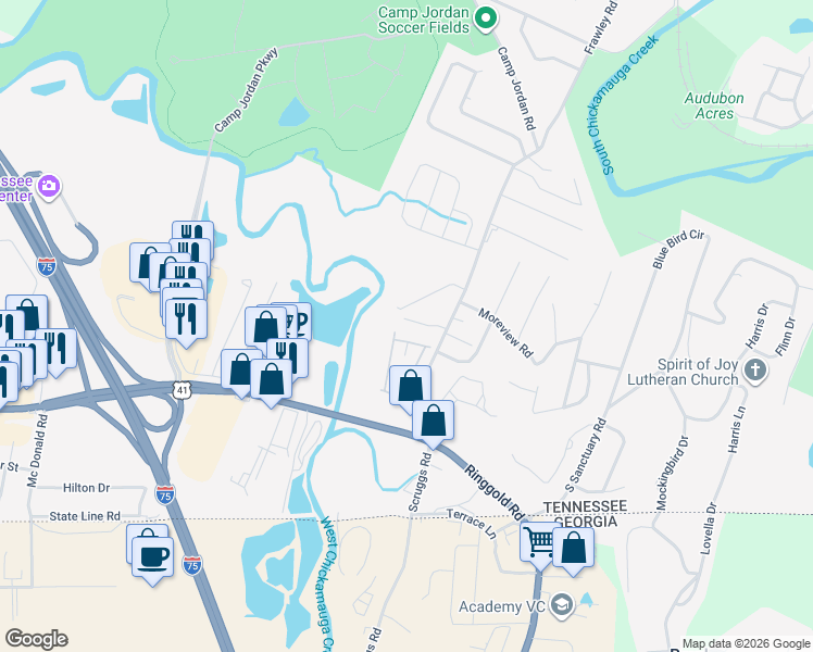 map of restaurants, bars, coffee shops, grocery stores, and more near 6881 Village Lake Circle in East Ridge