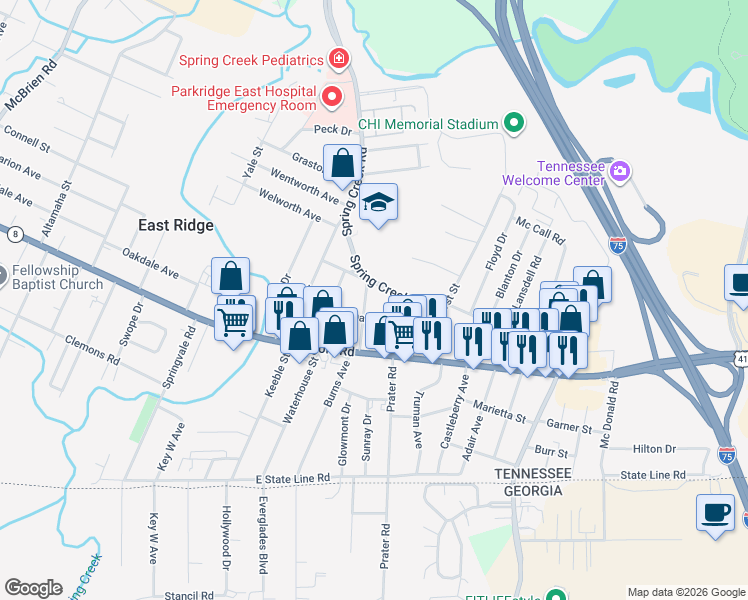 map of restaurants, bars, coffee shops, grocery stores, and more near 1207 Prater Road in East Ridge