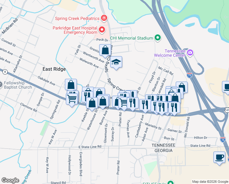 map of restaurants, bars, coffee shops, grocery stores, and more near 1207 Prater Road in East Ridge