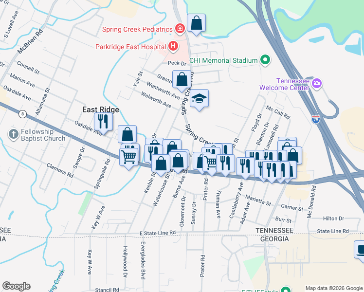 map of restaurants, bars, coffee shops, grocery stores, and more near 1313 Sunnyfield Lane in Chattanooga