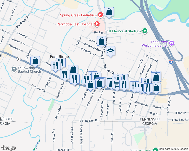 map of restaurants, bars, coffee shops, grocery stores, and more near 1316 San Hsi Drive in Chattanooga