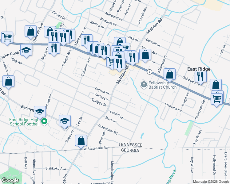 map of restaurants, bars, coffee shops, grocery stores, and more near 1606 Mcbrien Road in Chattanooga