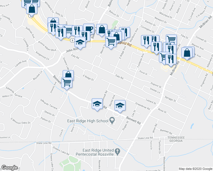 map of restaurants, bars, coffee shops, grocery stores, and more near 1903 Schmidt Road in Chattanooga