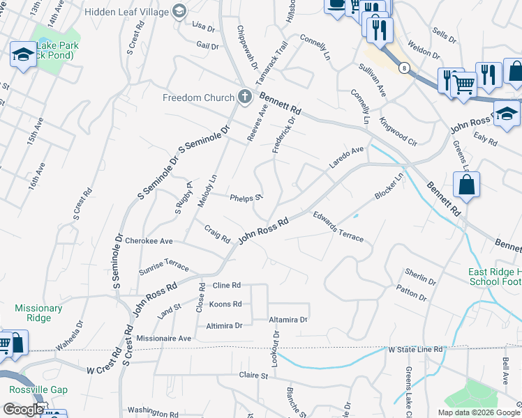 map of restaurants, bars, coffee shops, grocery stores, and more near 1323 Frederick Drive in Chattanooga