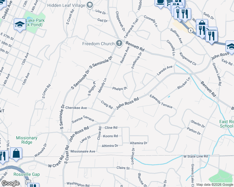 map of restaurants, bars, coffee shops, grocery stores, and more near 3704 Mary Anna Drive in Chattanooga