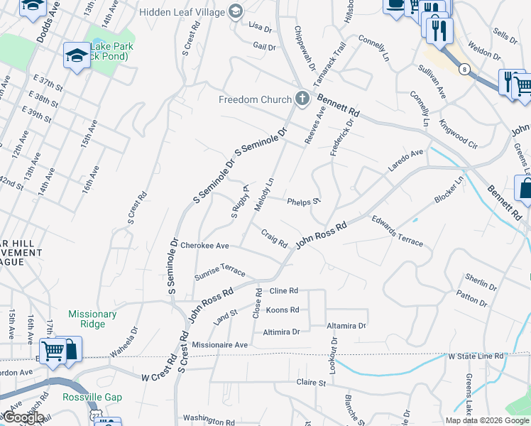 map of restaurants, bars, coffee shops, grocery stores, and more near 3600 Shirl Jo Lane in East Ridge