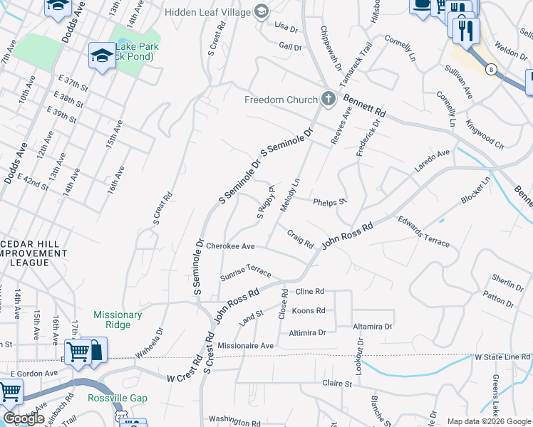 map of restaurants, bars, coffee shops, grocery stores, and more near 1519 Melody Lane in Chattanooga