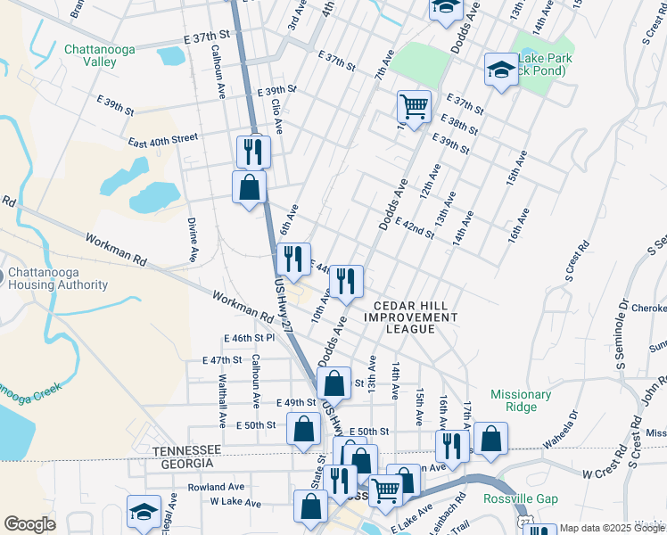 map of restaurants, bars, coffee shops, grocery stores, and more near 4315 10th Avenue in Chattanooga