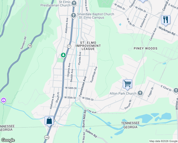 map of restaurants, bars, coffee shops, grocery stores, and more near 5106 Tennessee Avenue in Chattanooga