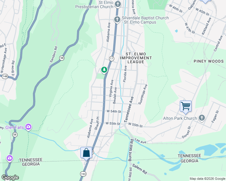 map of restaurants, bars, coffee shops, grocery stores, and more near 5106 Saint Elmo Avenue in Chattanooga