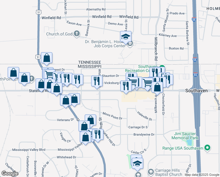 map of restaurants, bars, coffee shops, grocery stores, and more near 1422 Main Street in Southaven