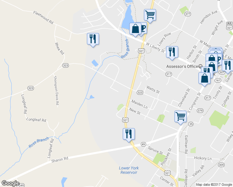 map of restaurants, bars, coffee shops, grocery stores, and more near 120 Ridgewood Lane in York