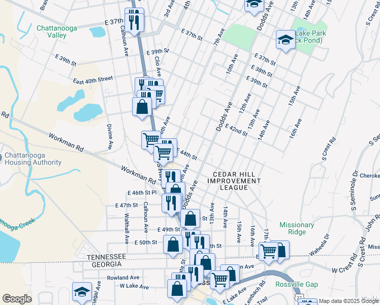 map of restaurants, bars, coffee shops, grocery stores, and more near 4315 10th Avenue in Chattanooga