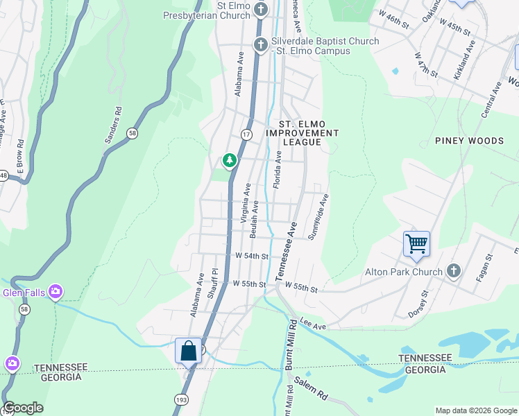 map of restaurants, bars, coffee shops, grocery stores, and more near 5102 Beulah Avenue in Chattanooga