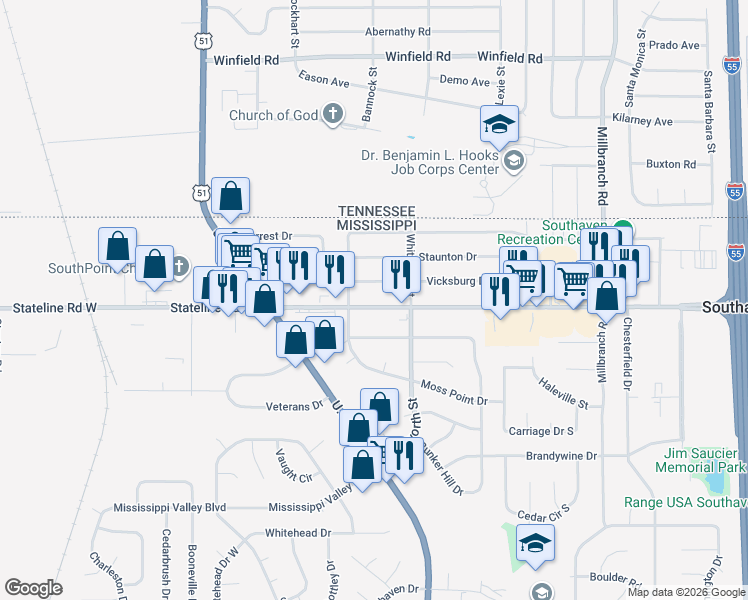 map of restaurants, bars, coffee shops, grocery stores, and more near 1568 Main Street in Southaven