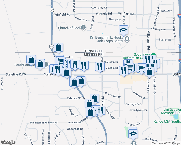 map of restaurants, bars, coffee shops, grocery stores, and more near 1568 Main Street in Southaven
