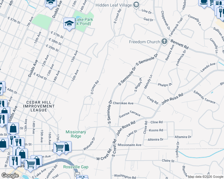 map of restaurants, bars, coffee shops, grocery stores, and more near 1627 South Seminole Drive in Chattanooga