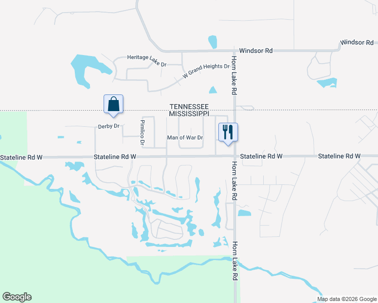map of restaurants, bars, coffee shops, grocery stores, and more near 4227 Triple Crown Loop South in Southaven