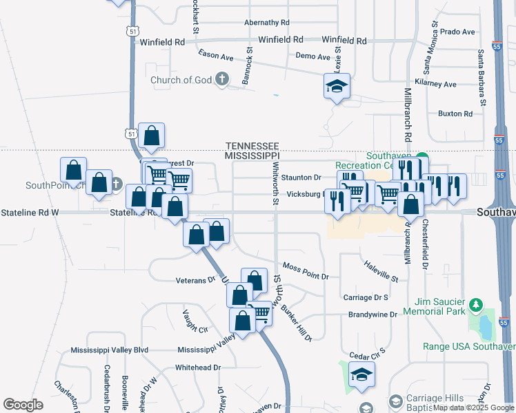 map of restaurants, bars, coffee shops, grocery stores, and more near 1568 Main Street in Southaven