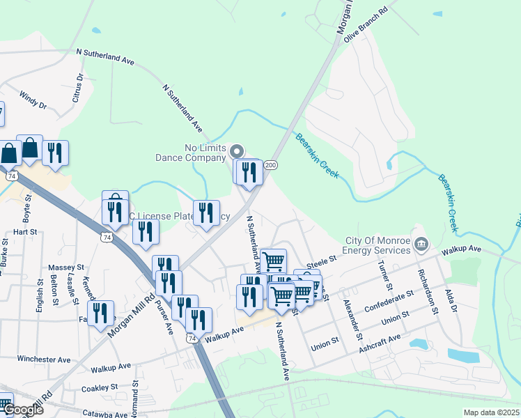 map of restaurants, bars, coffee shops, grocery stores, and more near 1701 Polk Street in Monroe