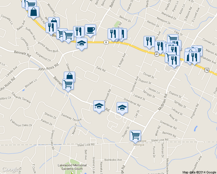map of restaurants, bars, coffee shops, grocery stores, and more near 1903 Schmidt Rd in Chattanooga
