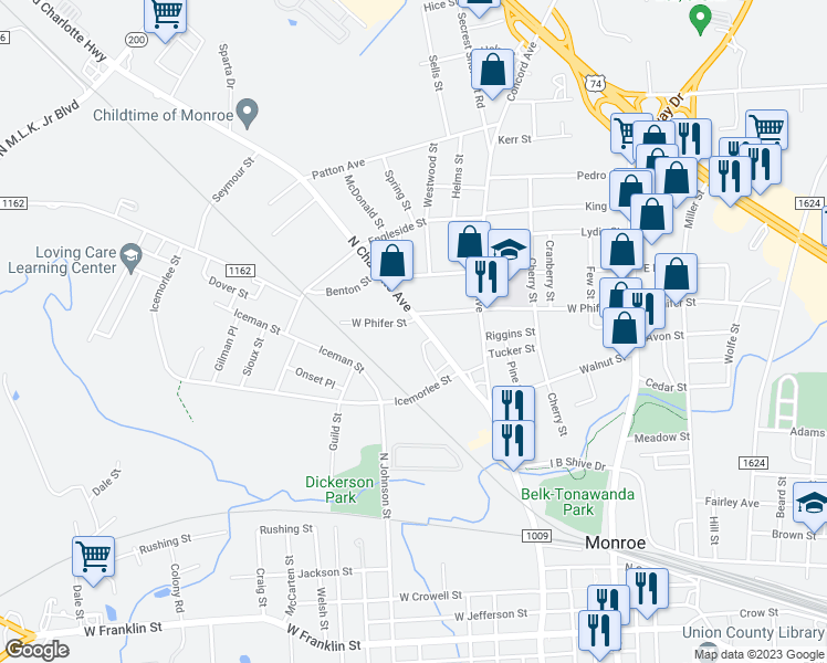 map of restaurants, bars, coffee shops, grocery stores, and more near 1139 North Charlotte Avenue in Monroe