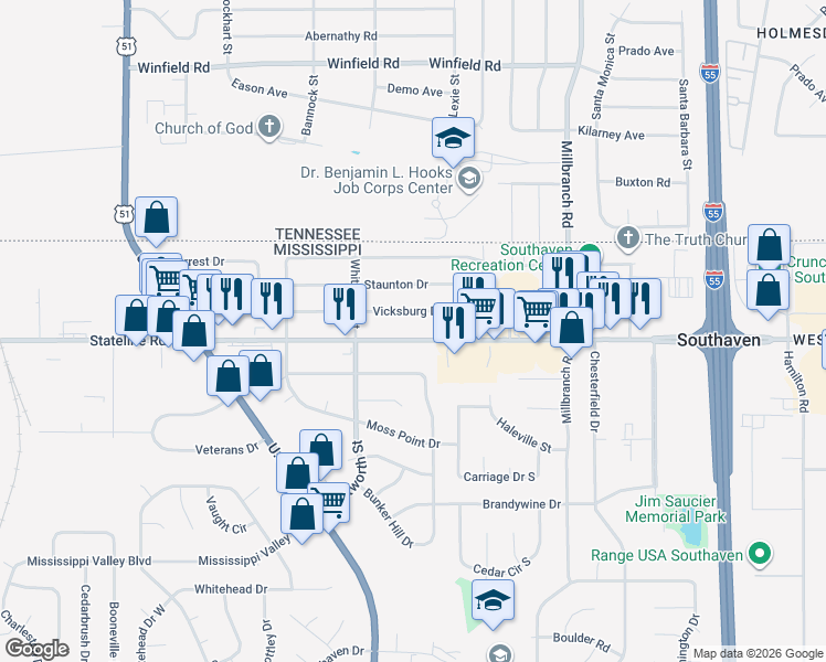 map of restaurants, bars, coffee shops, grocery stores, and more near 1338 Stateline Road West in Southaven