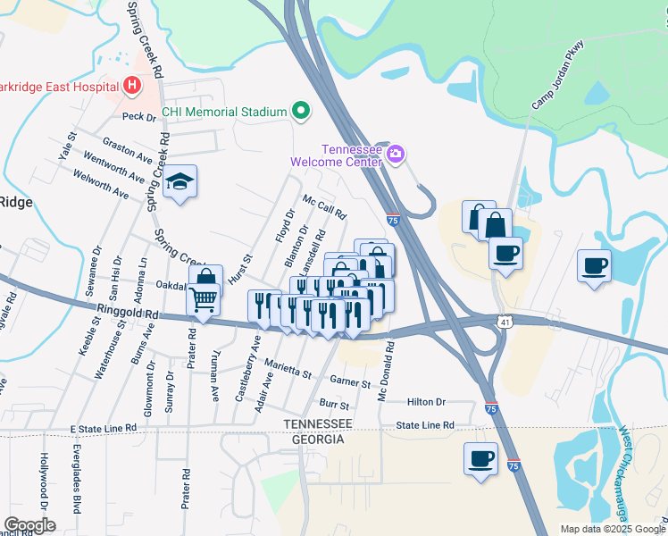 map of restaurants, bars, coffee shops, grocery stores, and more near 1419 North Smith Street in Chattanooga