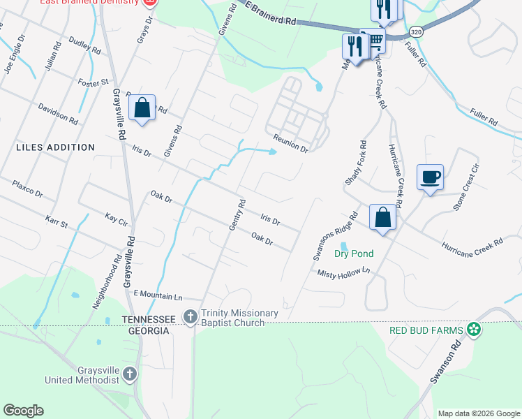 map of restaurants, bars, coffee shops, grocery stores, and more near 8407 Iris Dr in Chattanooga