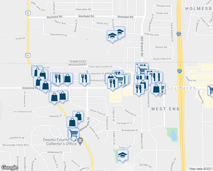 map of restaurants, bars, coffee shops, grocery stores, and more near 1338 Stateline Road West in Southaven