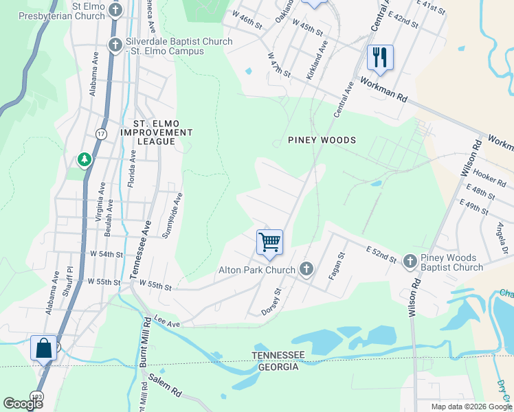 map of restaurants, bars, coffee shops, grocery stores, and more near 120 Lynchburg Street in Chattanooga
