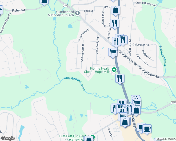 map of restaurants, bars, coffee shops, grocery stores, and more near 3001 Kingfisher Drive in Fayetteville