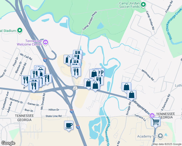map of restaurants, bars, coffee shops, grocery stores, and more near 1319 Saint Thomas Street in Chattanooga
