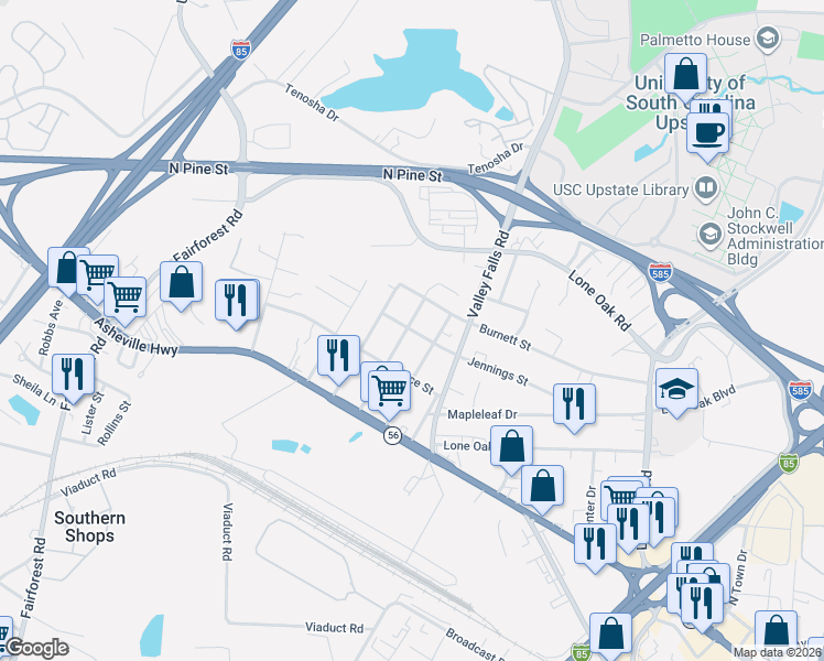 map of restaurants, bars, coffee shops, grocery stores, and more near 7229 Fairfax Avenue in Spartanburg