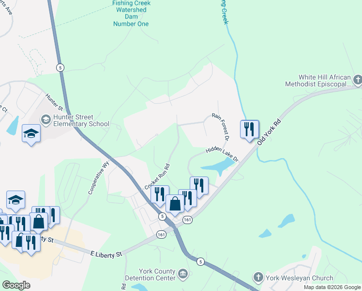 map of restaurants, bars, coffee shops, grocery stores, and more near 1711 Cricket Run Road in York