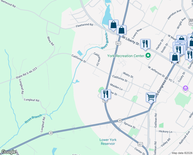 map of restaurants, bars, coffee shops, grocery stores, and more near 120 Ridgewood Lane in York