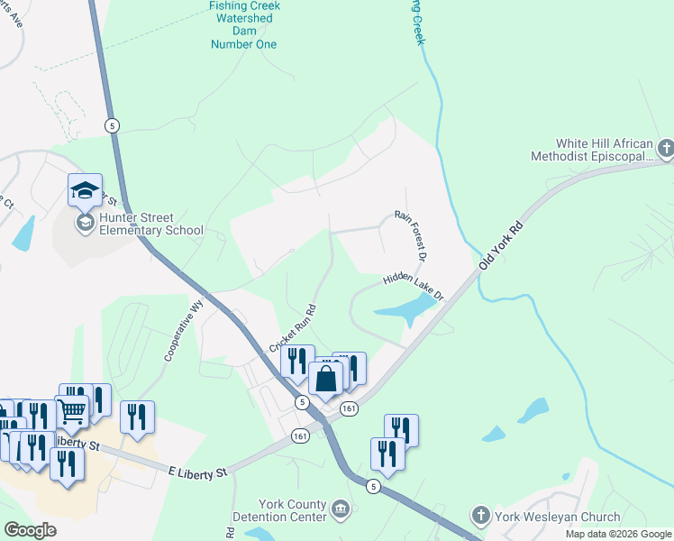 map of restaurants, bars, coffee shops, grocery stores, and more near 1711 Cricket Run Road in York