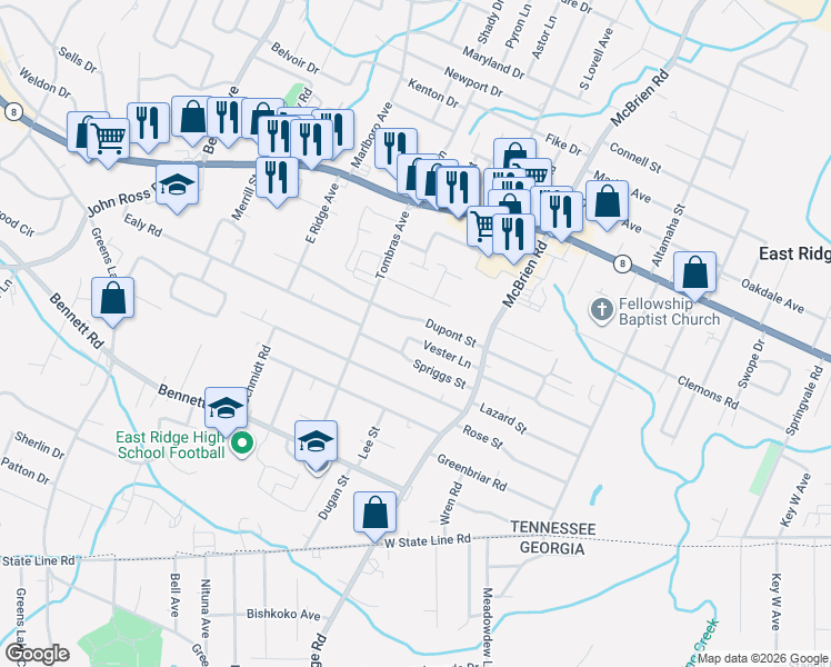 map of restaurants, bars, coffee shops, grocery stores, and more near 4401 Vester Lane in Chattanooga